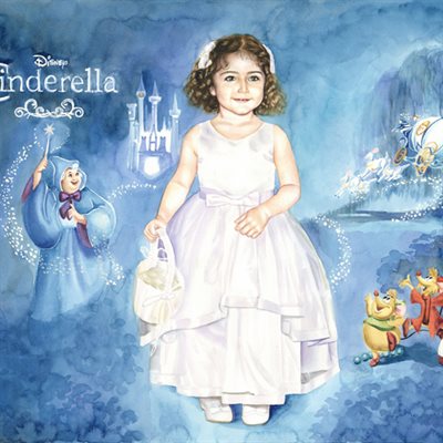 Hand Painted Watercolor Portrait of A Little Girl in White Skirt with Cinderella Background - myDaVinci